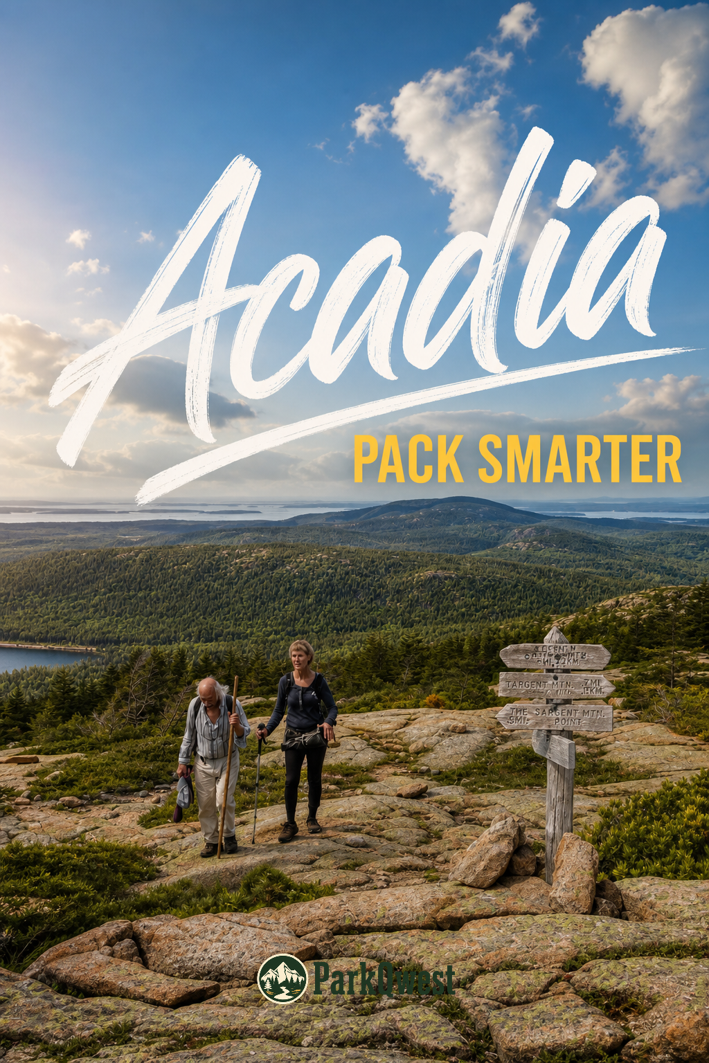 A man and woman holding walking sticks hike up a mountain summit near a wooden trail sign.