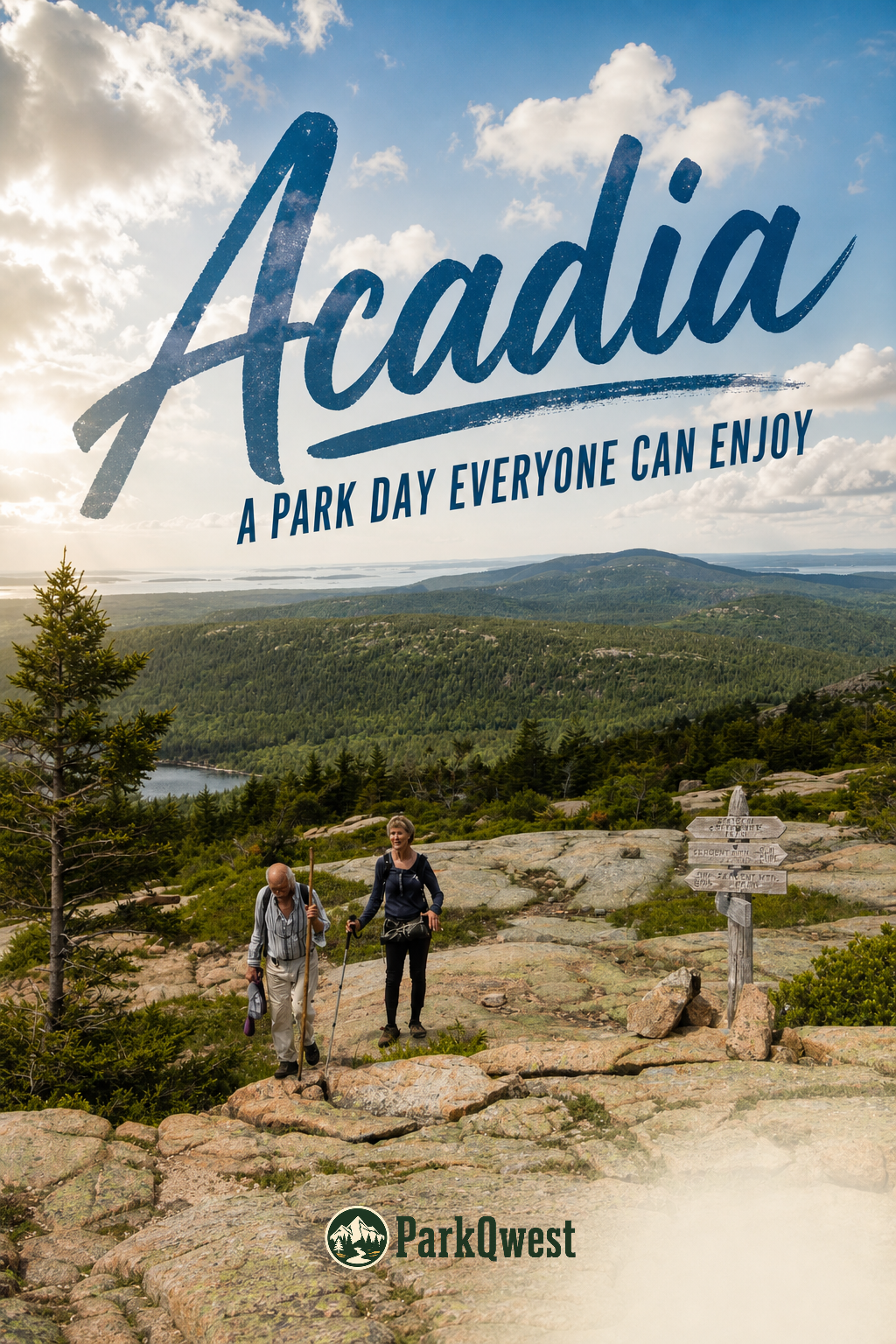 A man and woman holding walking sticks hike up a mountain summit near a wooden trail sign.