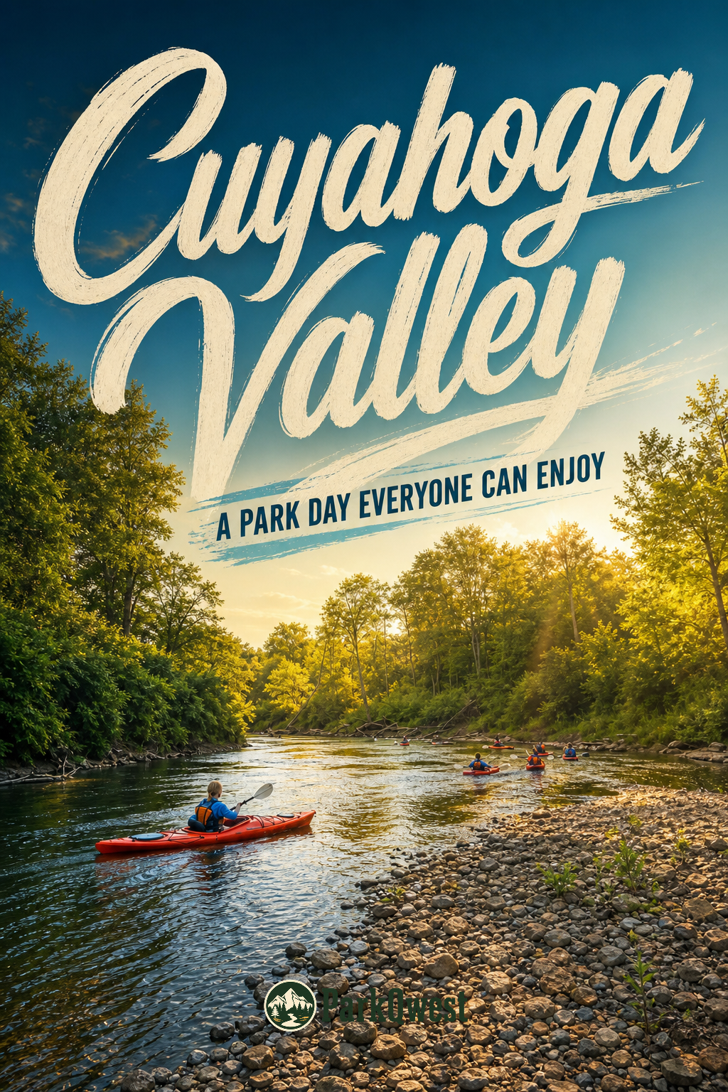 People in bright orange kayaks paddle around a bend in a river, past green trees and a rocky shore.