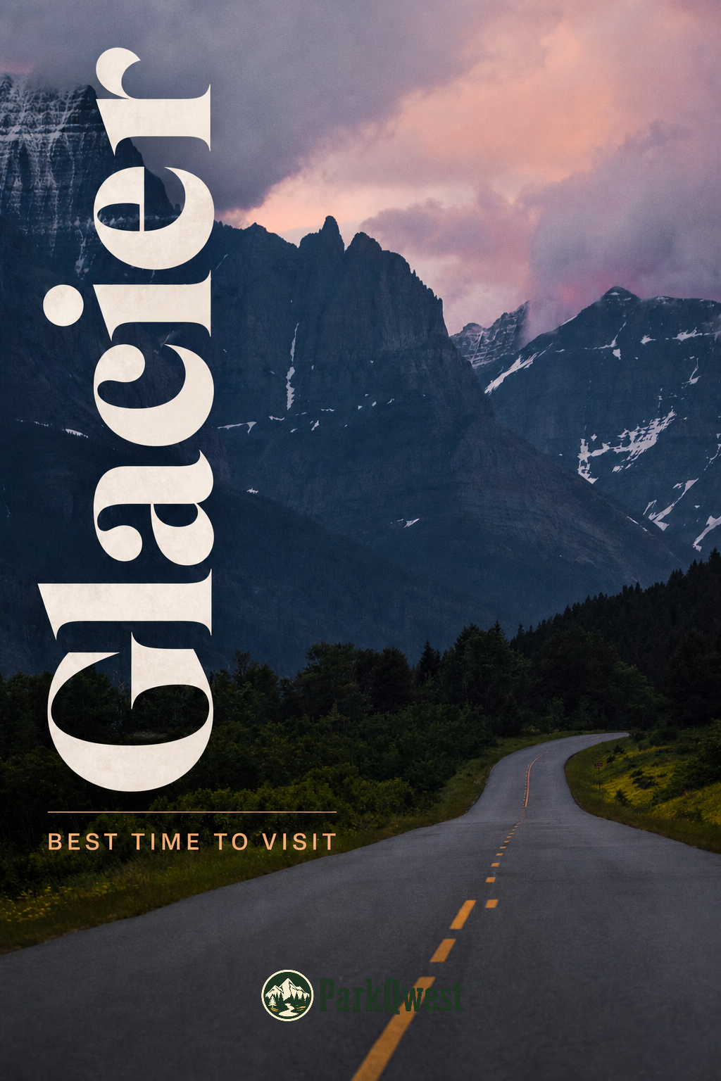 Jagged peaks rise out of a forested valley and an empty road curves off into the distance.