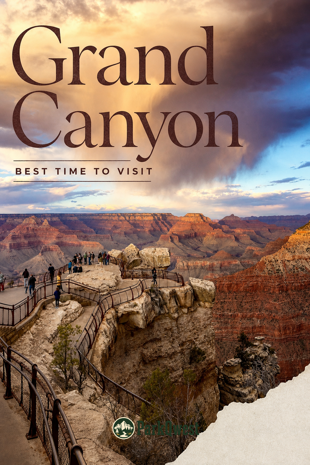 At Sunset, swirling rain clouds above a vast canyon filled with colorful peaks and cliff walls.