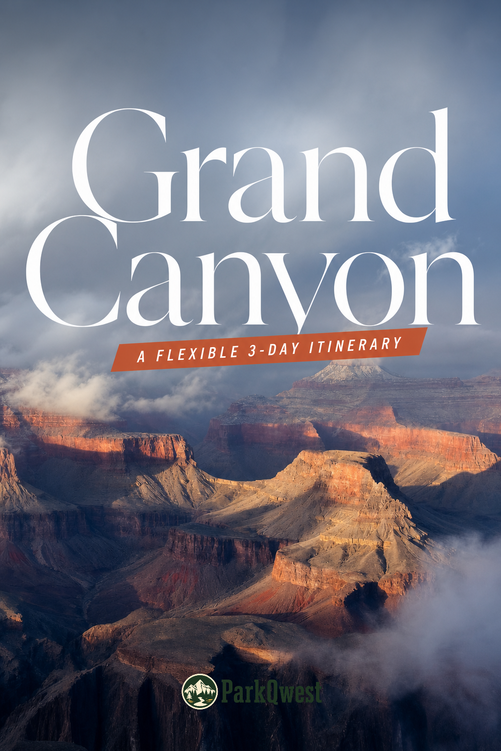 At Sunset, swirling rain clouds above a vast canyon filled with colorful peaks and cliff walls.