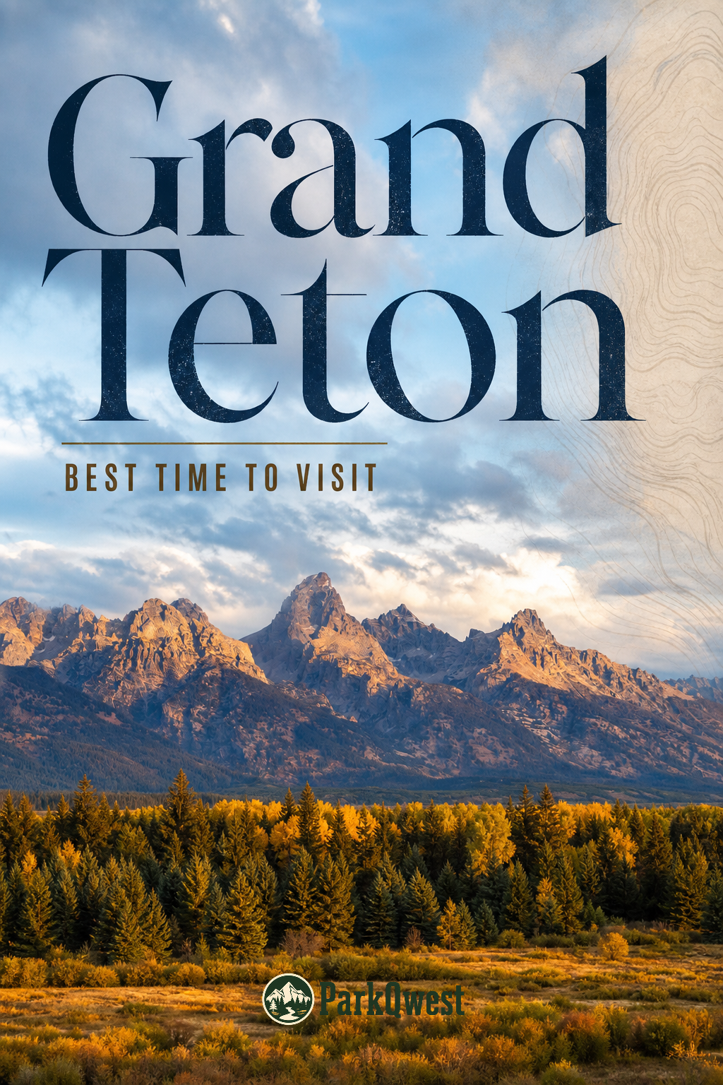 Granite mountains with a cloudy blue sky and green and yellow trees and plants in the foreground