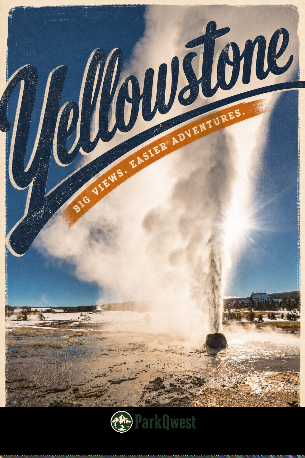 A geyser erupts steam in front of the bright sun.